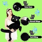 ELAINREN Stuffed Big Black Cat with Wings,Velvet Soft Black Kitten Plush Pillow Fluffy Black Angel Kitten Plushie Back Cushion/27.5''