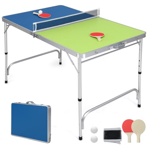 Goplus Foldable Ping Pong Table, 100% Preassembled Mini Table Tennis Table with Adjustable Height for Indoor Outdoor, Portable Table Tennis Set Includes Net, 2 Paddles, Balls