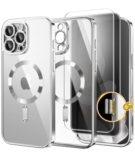 Magnetic for iPhone 16 Pro Max Case with Camera Control Button,Compatible with MagSafe,[Full Camera Protection][Privacy Screen Protector]Plating Phone Cover for iPhone 16 ProMax 6.9"(Silver/Clear)