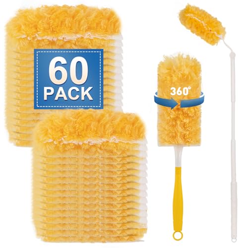 Heavy Duty Duster Refills Compatible with Swiffer Duster, Disposable Dusters Kit for Cleaning Dusting Furniture Blind Ceiling Fan, Multi Surface 360 Feather Duster(60)+3FT Extended Handle +1 Handle