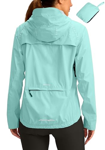 Bikewa Women's Cycling Rain Jackets Waterproof Windbreaker Lightweight Running Windproof Reflective Jacket Packable Hooded(Light Green,L)