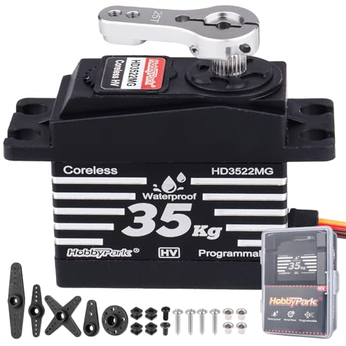 HobbyPark Waterproof 35KG High Torque Servo Motor Coreless Metal Gears Digital RC Steering Servo and 25T Servo Horn for 1/8 1/10 1/12 RC Crawler RC Trucks RC Cars Robots DIY 180° HV Fast, Powerful
