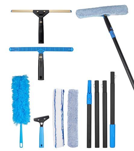 Swivel Squeegee Kit with 4 Extension Poles,Glass Scraper, Bendable Duster, 2 Window Scrubber Cloth for Glass, Car, Floor, Home,Garden