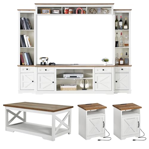 AMERLIFE 4 Pieces Living Room Table Sets, 98" Farmhouse Wall Unit TV Stand with Bookshelves & Wine Cabinet, Coffee Table & 2 End Tables with Charging Station and USB Ports, Living Room, Barnwood+White