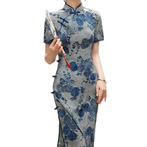 SANLEG Women's Retro Floral Pattern Cheongsam Elegant Slim fit mid Length Cheongsam Chinese Style Qipao Dress (Dark Blue,4XL)