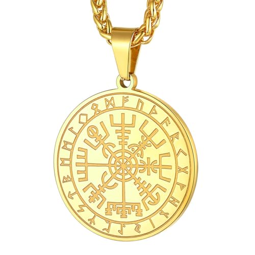 FaithHeart Nordic Coin Amulet Vegvísir Guidepost Compass Necklaces 14K Gold Plated Post Wayfinder Pendant Necklace Charm Amulet Medallion Talisman-Gold