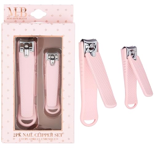 2pc Nail Clipper Set - Big & Small Precision Nail Clippers Value Pack, Water-Resistant Pink Nail Clippers with Comfortable Silicone Grip (Light Pink)