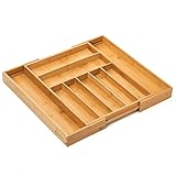 Purawood Bamboo Drawer Organizer - Expandable Silverware Organizer & Utensil Drawer Organizer, Cutlery Tray with Dividers, 7-9 Slots- Premium Kitchen Drawer Organizer for Utensils & Flatware (Natural)