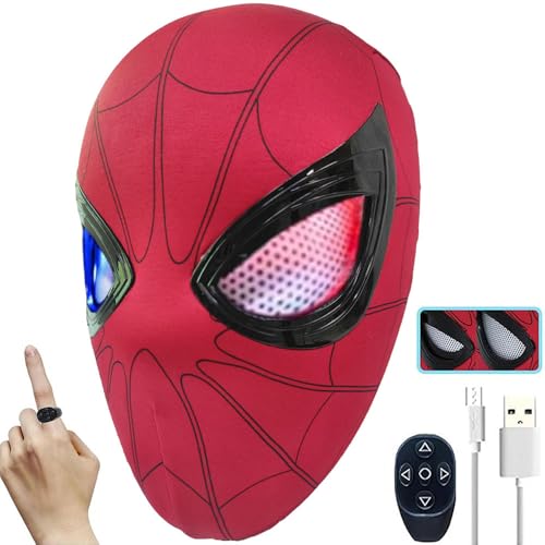 Halloween Hero Mask with Moving Eyes, Ring Remote Control Movable Mechanical Eye and LED Lights, Realistic Role Play Mask Costume for Cosplay, Birthdays Gift for Big Kids/Adults (Red with Remote)