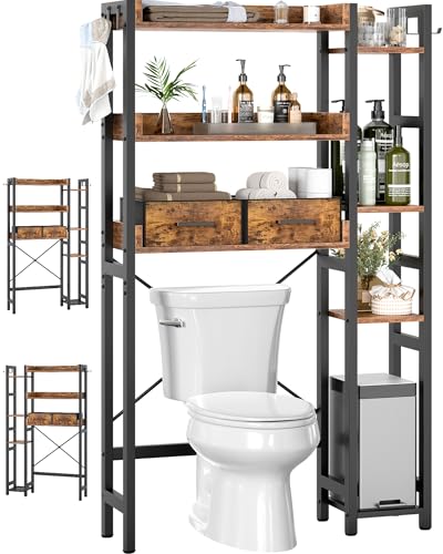 Over The Toilet Storage with 2 Drawers - 7 Tier Bathroom Organizer with Adjustable Shelf, Freestanding Space Saver Storage Rack Above Toilet Stand with 4 Hooks for, Restroom, Laundry, Rustic Brown