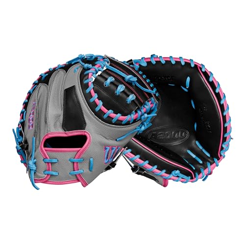 Wilson Spring 2025 A2000® M23 33.5” Baseball Catcher’s Mitt - Right Hand Throw, Grey/Black/Flamingo