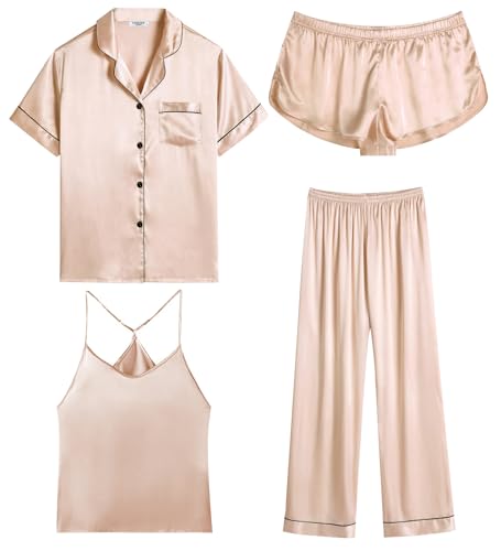 Ekouaer 4PCs Womens Satin Silky Pajama Set Button Down Top and Long Pants Loungewear Camisole Top and Shorts Sleepwear Champagne Medium