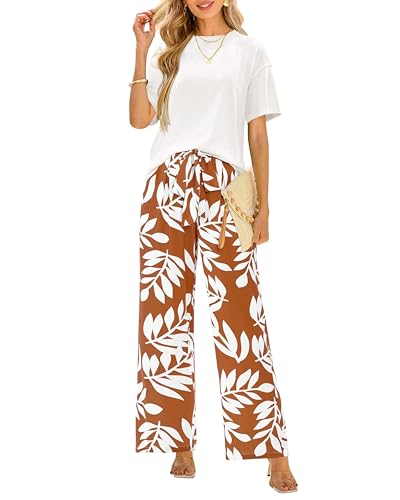 PRETTYGARDEN Women Summer 2 Piece Outfits 2025 Short Sleeve Knit Top Floral Print Belted Wide Leg Pant Sets With Pockets(Beige White Brown,Large)