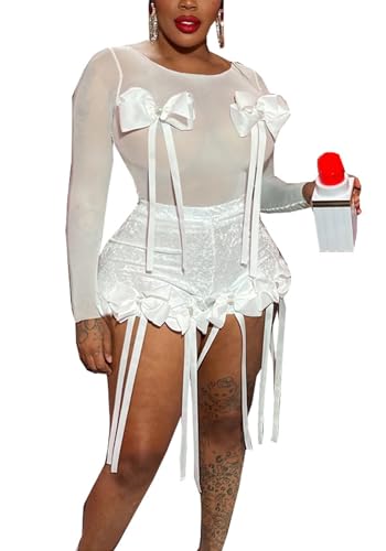 Cupitool Women Summer 2 Piece Outfits Sexy Short Sleeve Bow Top and Sheer Mesh Lace High Waist Shorts Sets Club outfit
