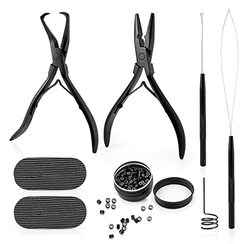 Gomake Microlinks Hair Extensions Kit, Hair Extension Closer and Removal Pliers, Micro Beads Pulling Hook & Microbead Loop Tool, Micro Links Silicone Rings Bead 200PCS(Black)
