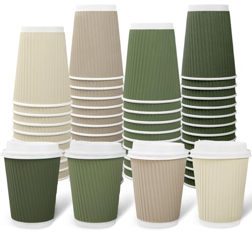Whaline 100Pcs Nude Sage Green Disposable Coffee Cups with Lids 12oz Milky White Brown Green Paper Cups Corrugated Ripple Wall Insulated Hot Cups for Home Office Party Supplies
