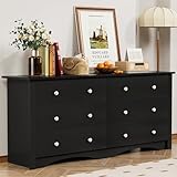 YESHOMY Dresser for Bedroom with 6 Drawer, Wood Wide Chest Storage Organizer and TV Stand for Living Room, Hallway, Dormitory, Black