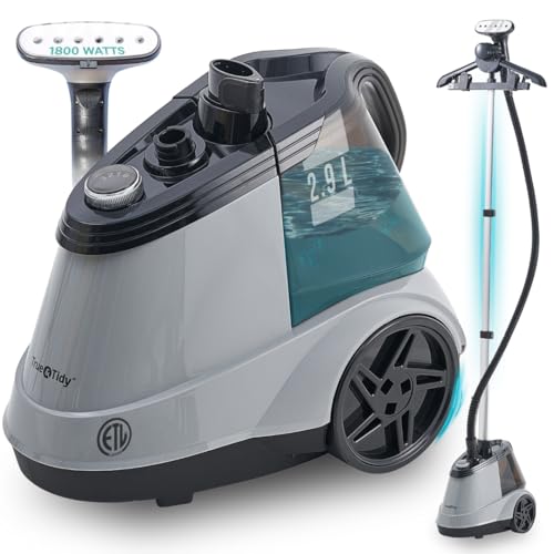 True & Tidy Heavy Duty Commercial Full Size Standing Garment Steamer for Clothes with Extra Large 2.9L (98 oz) Water Tank for 90+ mins of Steam Time, 1800 watts of Powerful Steam, 3 Settings, Gray
