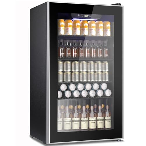 COWSAR Mini Fridge Cooler, 130 Can Beverage Refrigerator with Glass Door, Wine Fridge with Digital Temperature Control, LED Light, Reversible Door for Home, Office, Bar, and Game Room - 3.2 Cu.Ft