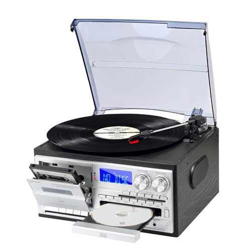 MUSITREND 9 in 1 Record Player with External Speakers,3 Speed Bluetooth Turntable Vinyl Player with CD/Cassette Play,AM/FM Radio, USB SD/MMC Play, Aux-in/RCA Line Out