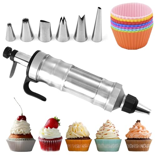 FANTEXY Dessert Decorating Syringe Set, Icing Piping Kit Stainless Steels Cake Decorating Tools 6 Piping Icing Nozzles Cupcake Decorating Kit