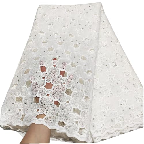 LadyQ White Latest French African Swiss Lace Fabric Soft Nigerian Guipure Cord Milk Silk Lace Fabric With Stones For Wedding Dress 896LD (White)