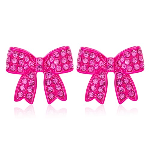 FAUTHENTICUTE Pink Bow Earrings For Women Small Bow Studs With Rhinestones Hypoallergenic Statement Earrings