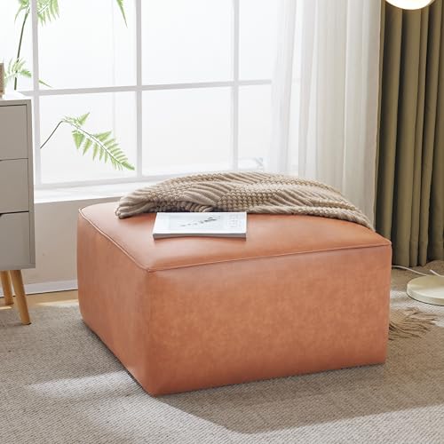 THINK 30 Square PU Leather Ottoman,Tan