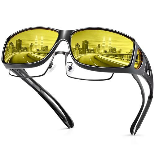 URUMQI Anti Glare Night Driving Glasses Fit Over Glasses for Men Women, Polarized Nighttime Glasses with HD Vision Yellow Lens