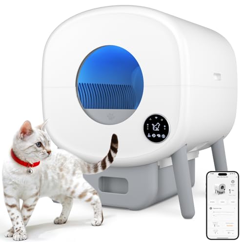 Cumrige Self Cleaning Litter Box, 95 L Automatic Cat Litter Box Self Cleaning for Multiple Cats, with Safety Protection, App Control,1 Roll Garbage Bags,White & Grey