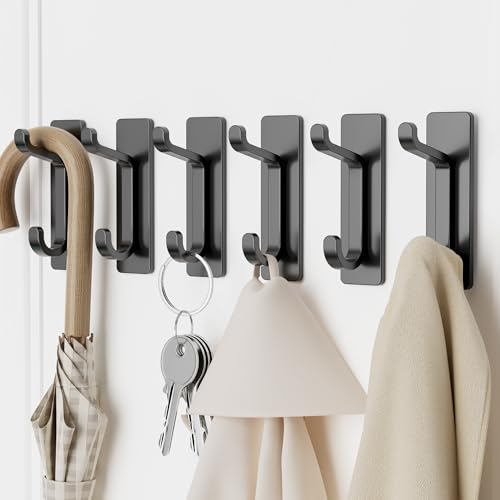Josmimic 6-Pack Adhesive Towel Hooks: Heavy Duty 10LB Wall Hooks, for Coat/Robe Stick on Bathroom, Black, Stainless