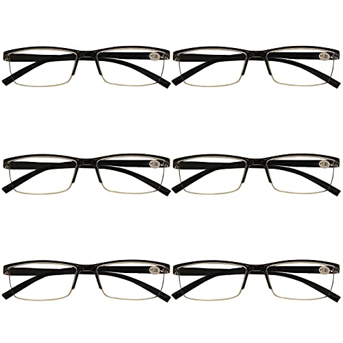 B and Q 6 Pack Mens Rectangular Half Frame Blue Light Blocking Reading Glasses Black Spring Hinge Readers (BQ8008 BK x 6, 1.75, multiplier_x)