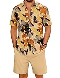 LecGee Men Summer Outfits 2 Piece Aloha Short Sleeve Shirt and Shorts Cruise Ship Essentials for Men(Khaki,Medium)