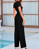 BTFBM Womens Casual 2 Pieces Outfits Dressy Square Neck Short Sleeve Bodysuit Drawstring Pants Knit Lounge Matching Sets(Solid Black, Large)