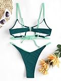 ZAFUL Women's Sexy Cutout Bikini Thong Bikini Set Color Block Swimsuit Tie Back Two Piece Swimsuit Bathing Suit (2-A-Deep Green,L)