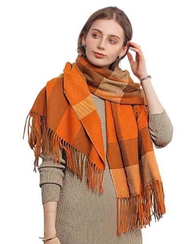 Wander Agio Women's Fashion Scarves Long Cashmere Like Shawl Winter Warm Knit Large Tassel Scarf British Style Plaid Bright Orange 17