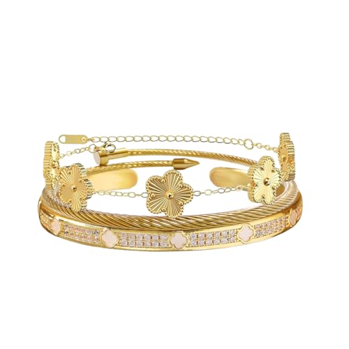 Gold Nail Bracelets set for Women 3Pcs Stackable Love Bangle 18K Gold Plated Clovers Bracelet Floral Bracelet Set Trendy Gifts for Women (Gold)