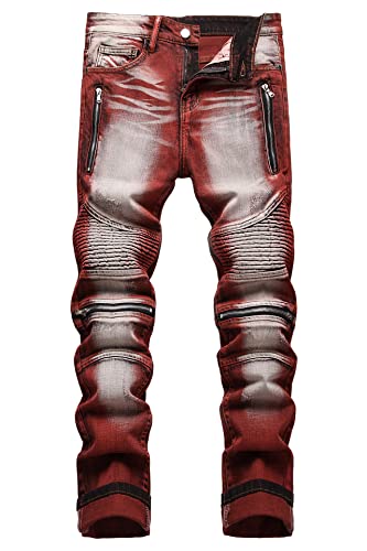 Men's Skinny Designer Colorful Printed Biker Moto Jeans with Zippers Deco,835 Red,Size 36