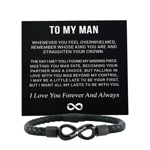 ziella To My Man,Personalized Dual Name Infinity Leather Bracelet,Personalized Custom Name Stainless Steel Bracelet Valentine Birthday Christmas Gifts for Him (9inch)