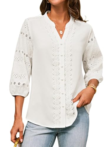 Dressy Tops for Women 3/4 Sleeve Tops Summer Button Down Hollow Out Embroidery Work Blouses White XL