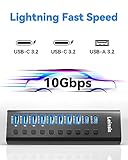 Powered USB Hub 3.2, LEINSIS 10-Port USB 3.2/USB C Hub (10Gbps USB-A 3.2 +2 USB-C 3.2 +7 USB 3.0 Ports) with Individual On/Off Switches and 12V Power Adapter, Aluminum USB Hub Powered for Laptop PC