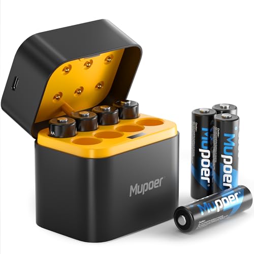 Mupoer Rechargeable AA Batteries Lithium with Charger,8 Pack 1.5V 3000mWh Double A Batteries Rechargeable,Long Lasting Lithium ion AA Batteries with Charging Storage Box for Blink Camera Xbox Blue