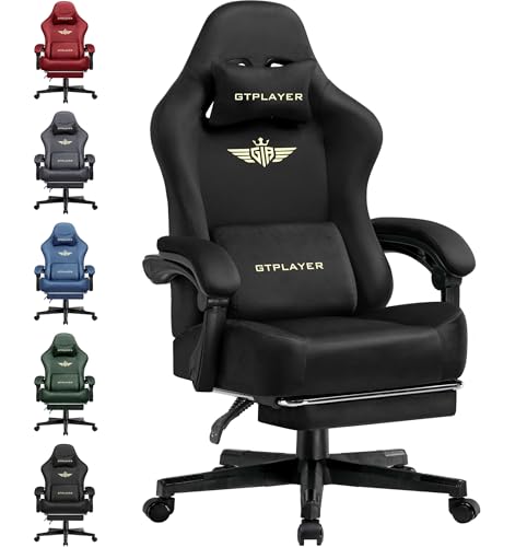 GTPLAYER Gaming Chair Fabric with Pocket Spring Cushion, Big and Tall Gaming Chair 350LBS High Back Computer Chair with Footrest for Adults Lumbar Support Swivel Game Chair for Office Gaming Black