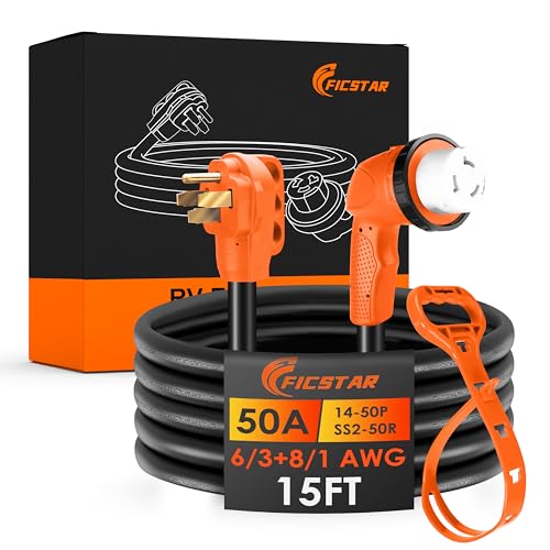 Ficstar 50 Amp RV Extension Cord 15 ft, Heavy Duty 6/3+8/1 SJTW AWG RV Power Cord with Grip Handle Twist Lock, NEMA 14-50P to SS2-50R with Polarity Lamp