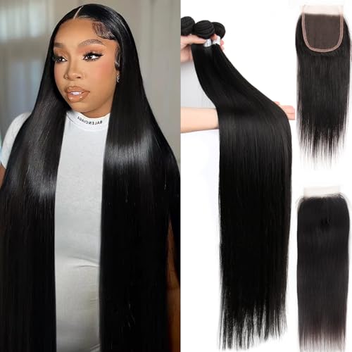 Human Hair Bundles with Closure Straight(22 24 26+20,Free Part) Closure with 3 Bundles Brazilian Virgin Hair 16A Extensions with Pre Plucked with Baby Hair 4X4 HD Lace Closure Natural Black Color