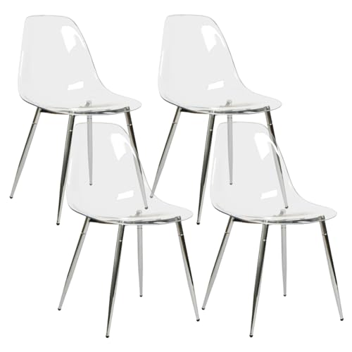 CangLong Clear Dining Chairs Set of 4, Modern Kitchen Acrylic Chairs with Transparent Seat, Plastic Accent Side Chair with Metal Legs, for Kitchen, Dining & Living Room, Transparent + Silver
