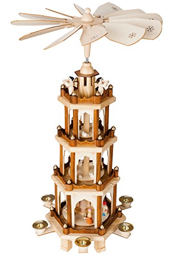 BRUBAKER 24 Inch Christmas Pyramid - 4 Tier Carousel - 6 Candle Holders and Hand Painted Figurines - Designed in Germany - Nativity Set Decoration