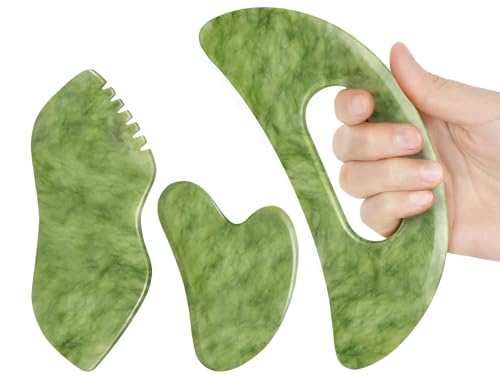 3 PCS Jade Stone Gua Sha Set Face Massager, Body Gua Sha Tool, Jade Gua Sha Facial Tools, Large Guasha Tool For Body, Face, Anti Cellulite, Lymphatic Drainage Massager, Muscle Scraper, Gifts for Women