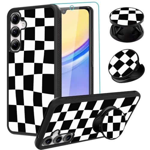 SAKUULO Compatible with Samsung Galaxy A15 5G Case, [Screen Protector + Kickstand] Black Plaid Checkered Aesthetic Cute Design,Tire Texture Anti-Slip Shockproof Ultra Thin Protective Case 6.5inch