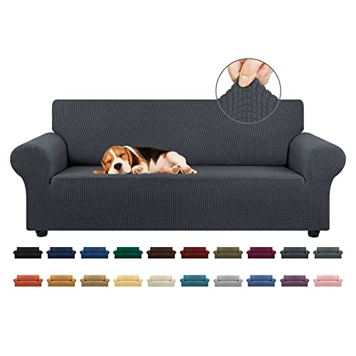 KEKUOU Stretch Sofa Cover Slipcover ，Couch Covers for 3 Cushion Couch Sofa pet Friendly (79"-94") Furniture Protector Sofa with Elastic Bottom for Kids,Dog, Jacquard Small Checked(Large,Charcoal)